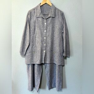 Habitat Blue Linen Cotton Blend Wide Leg Pant & Top Set Lagenlook Artsy XL
